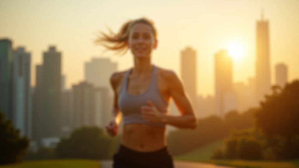 Person jogging in Hong Kong park at sunrise with city skyline visible