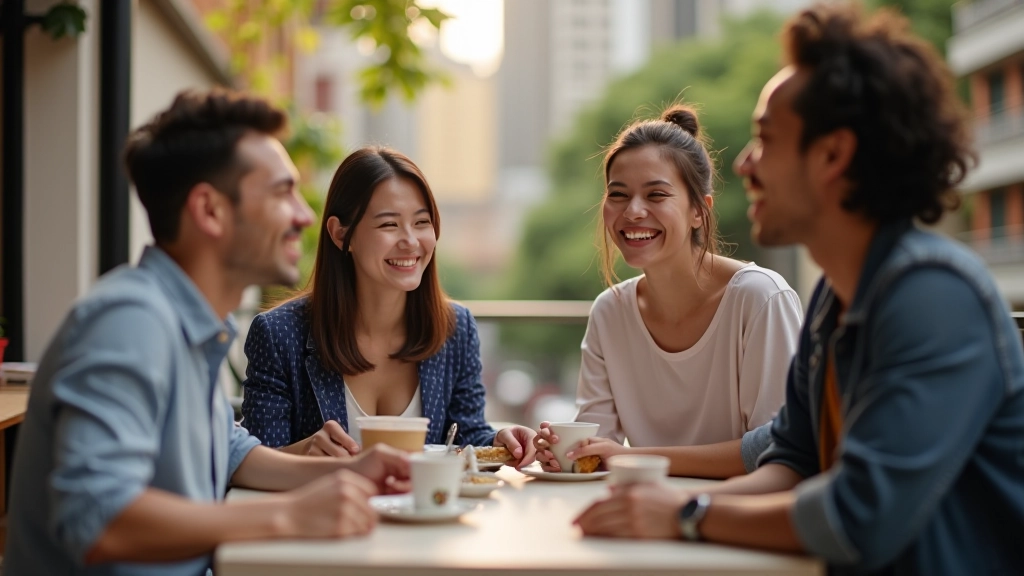 Group of diverse friends laughing together at a cafe table in Hong Kong