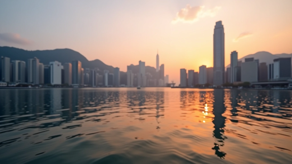 Serene Hong Kong harbor view at sunset with modern buildings reflecting on calm water