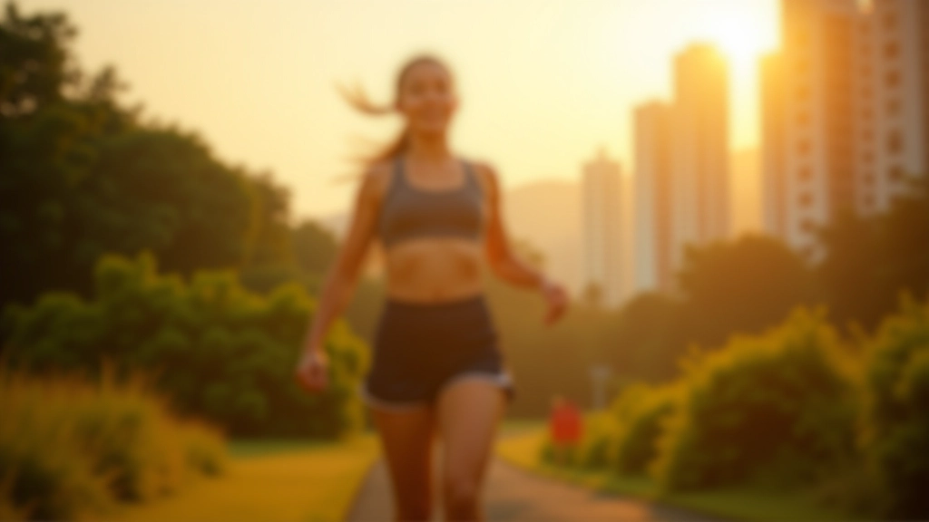 Athletic woman jogging in a Hong Kong park at sunrise with modern buildings in the background