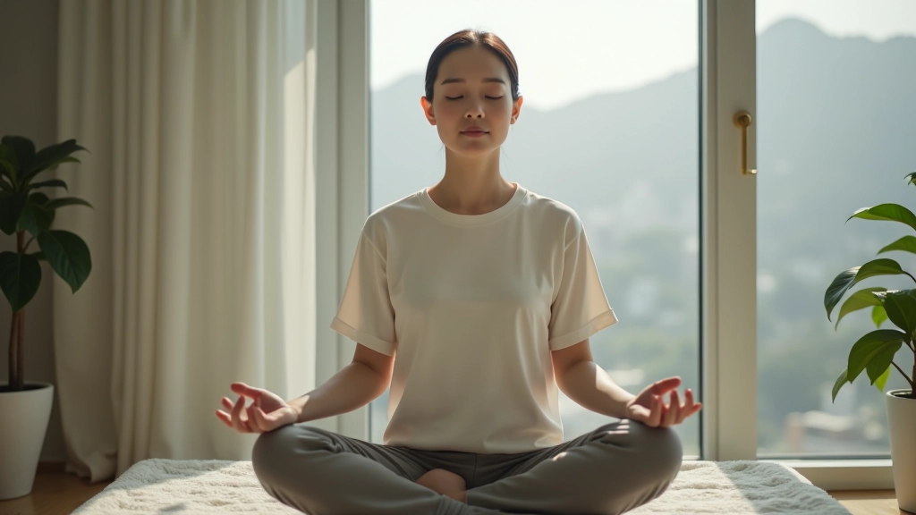 Person sitting peacefully in meditation pose near a window with natural light coming through